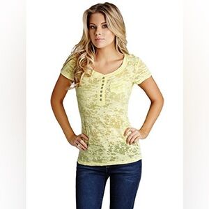 Guess Kelley Burnout Henley Yellow Women's Top Size S Half-Chest 15”